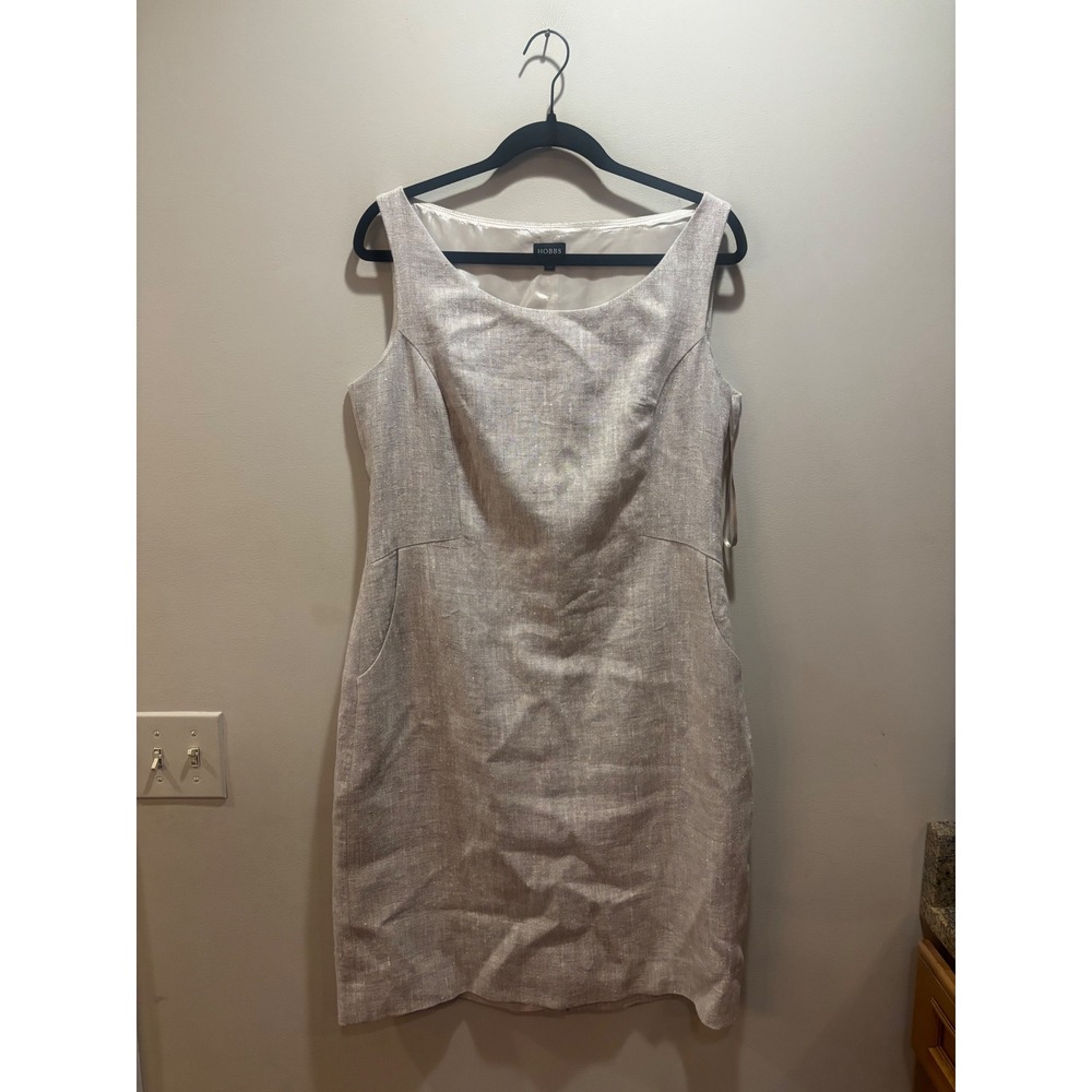 Hobbs London 100% Flax Linen Shift Dress Beige Sleeveless Pockets Size 14 Summer